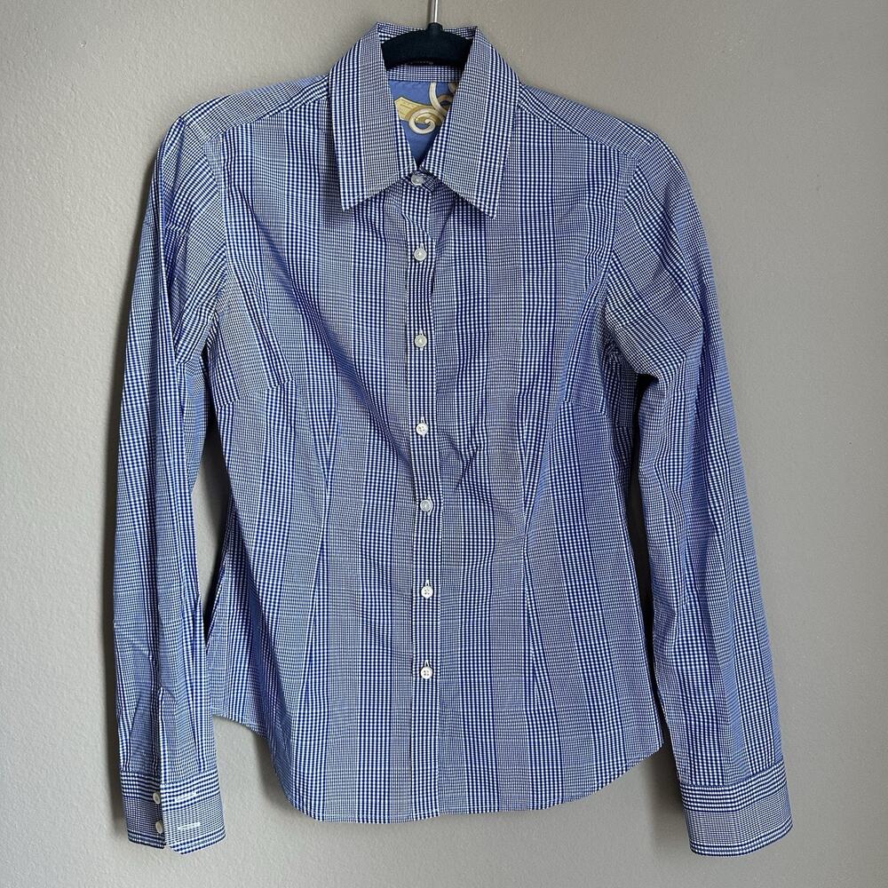 J McLaughlin Blue Gingham Cotton Silk Button Down Shirt Hamptons Coastal Preppy